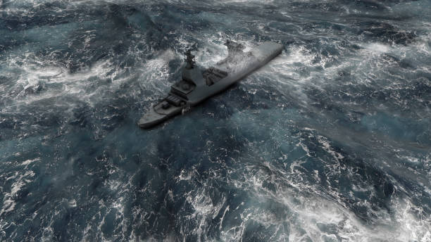 istock Navy ship vessel in stormy ocean with rain and lightning 1351778576