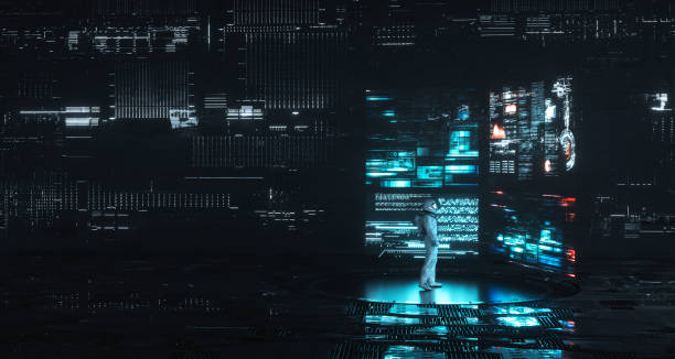 istock Astronaut looks at futuristic screens in a dark sci fi background . This is a 3d render illustration . 1351781257