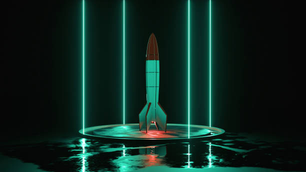 Rocket on a platform with glowing neons . Future innovation start up concept . Rocket on a platform with glowing neons . Future innovation start up concept . This is a 3d render illustration . rocket launch platform stock pictures, royalty-free photos & images