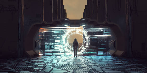 istock Astronaut walks through futuristic portal on a sci fi background . 1351781291