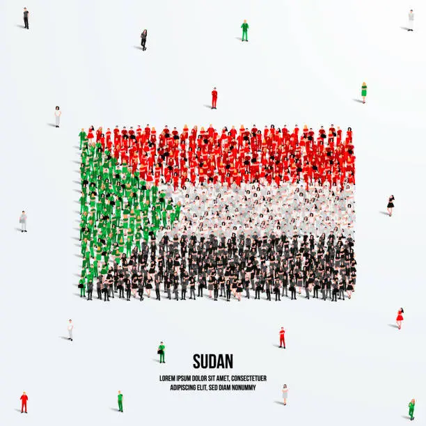 Vector illustration of Sudan Flag. A large group of people form to create the shape of the Sudanese flag. Vector Illustration.