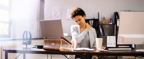 Neck Pain While Working At Computer Neck Pain While Working At Computer. Bad Posture Stress office back pain stock pictures, royalty-free photos & images