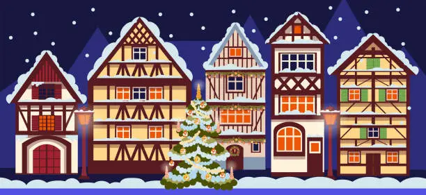 Vector illustration of Decorated  european Timber houses. Snowy night in cozy christmas town city panorama. Winter christmas village night landscape. template of horizontal banner.