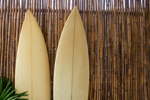 Two surfboard on bamboo wooden wall. Extreme outdoor sport activity for summer holiday vacation  at sea beach.