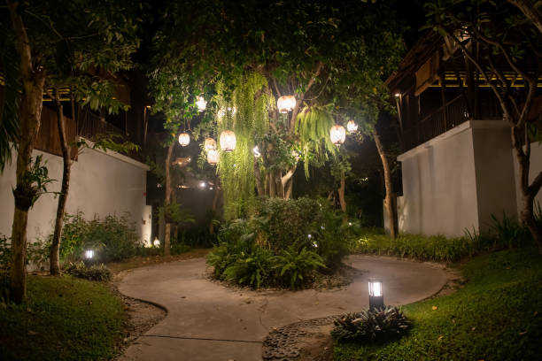 istock footpath alley decorated with many lights on tree 1351786987