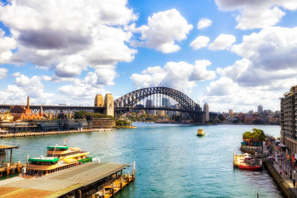 City architecture around Circular quay in City of Sydney with the Sydney Harbour bridge across harbour.
