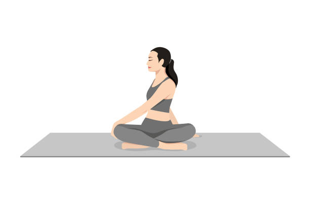 쉬운 앉은 트위스트 포즈, 아름다운 소녀 연습 parivrtta sukhasana. - relaxation lying on back women meditating stock illustrations