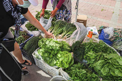 Antalya  Turkey - May 08 2021; Woman buying fresh organic green vegetables at the village bazaar market.