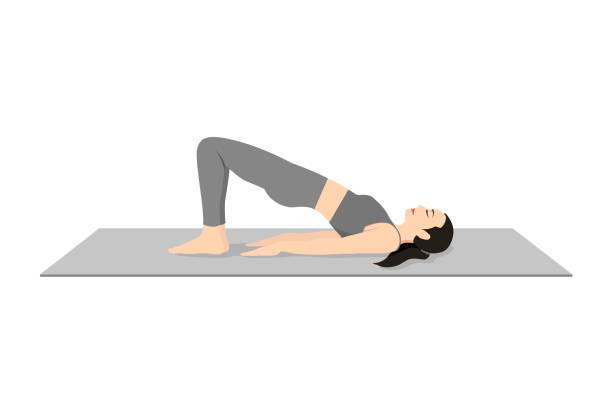 ilustrações, clipart, desenhos animados e ícones de bridge pose, bela garota praticar setu bandha sarvangasana. - relaxation lying on back women meditating