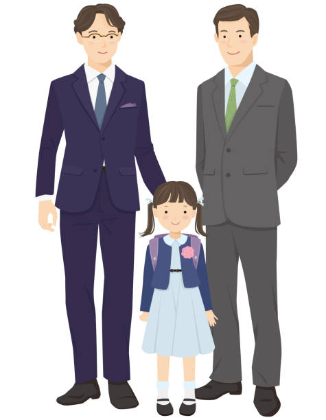 Girl and two dads on the day of the elementary school entrance ceremony Girl and two dads on the day of the elementary school entrance ceremony caricature portrait board stock illustrations