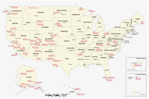 ilustraciones, imágenes clip art, dibujos animados e iconos de stock de mapa vectorial de los parques nacionales americanos de los estados unidos - virginia estado de los eeuu