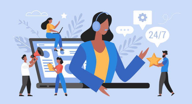 call centrum a globální technická podpora obchodní koncepce. operátor horké linky s vektorovou ilustrací klientů - stěžování stock ilustrace
