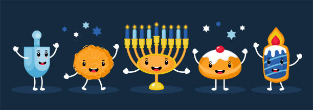 Hanukkah holiday banner design with menorah, traditional donuts, candle cookie, potato latkes and spinning top funny cartoon characters vector art illustration