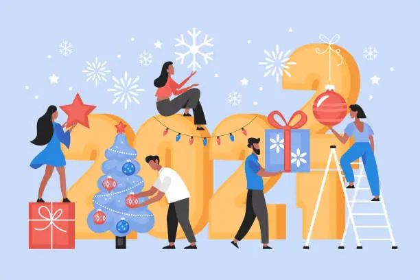 Vector illustration of New Year 2022 holiday celebration concept.  Modern vector illustration of people decorating for Christmas party