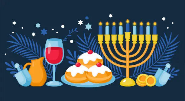 Vector illustration of Hanukkah holiday banner design with menorah, sufganiyot and spinning top. Background template for social media, greeting card and poster
