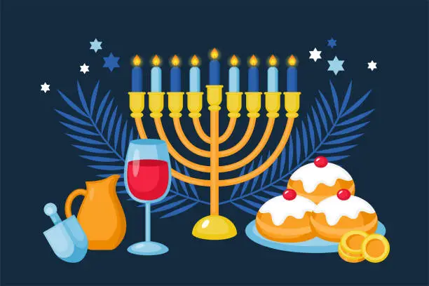 Vector illustration of Hanukkah holiday banner design with menorah, sufganiyot and spinning top. Background template for social media, greeting card and poster