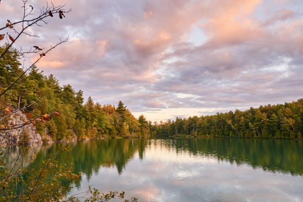 istock Still lake reflecting the sky and forest in autumn 1351792445