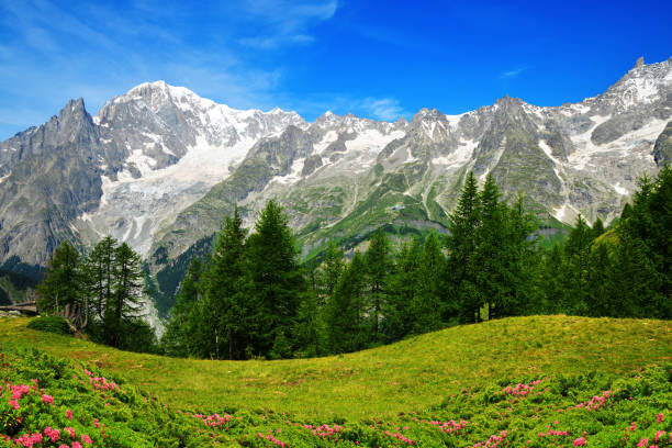 вид на монблан (монте бьянко), долину аоста, италия. - courmayeur european alps mont blanc mountain стоковые фото и изображения