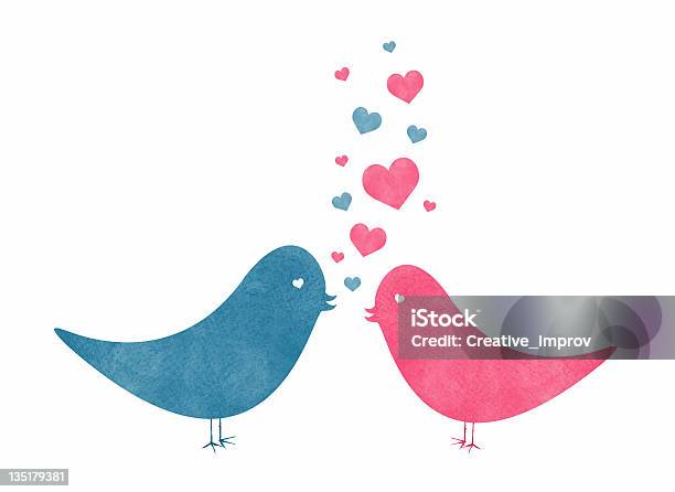 Aquarelle Oiseaux Avec Un Amour Deux Cœurs Vecteurs libres de droits et plus d'images vectorielles de Saint Valentin - Saint Valentin, Aquarelle, Carte de la Saint-Valentin