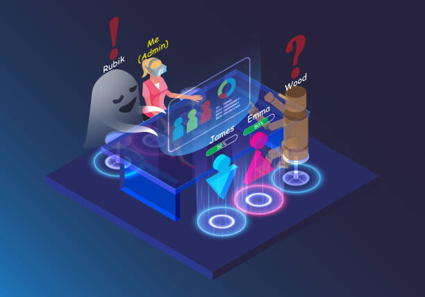 istock Funny cartoon character meeting online business group. Visual reality technology HUD and VR hologram chat. Isometric hi-tech 3D on background interface. Brainstorming on social media 1351794185
