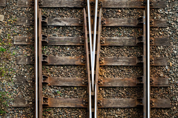istock railway tracks and switches for train traffic, close-up, top down view 1351795381