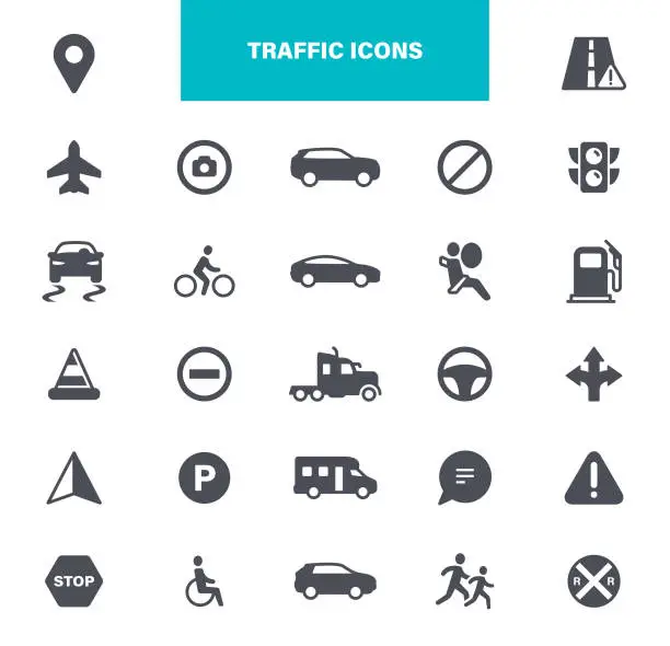 Vector illustration of Traffic Icons. Contains such icons as Road, Stop Sign, Traffic Cone, Car, Vehicle