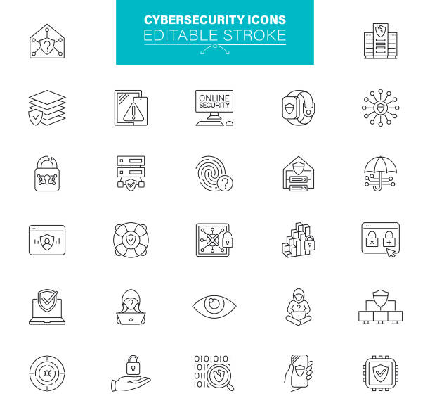 Cybersecurity Icons. The set contains icons as Network Security, Big Data, Analyzing, Antivirus, Phishing Malware vector art illustration