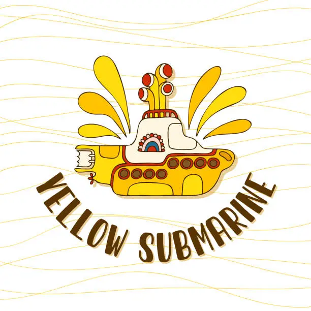 Vector illustration of Yellow submarine in doodle style. Hand drawn logo with lettering.
