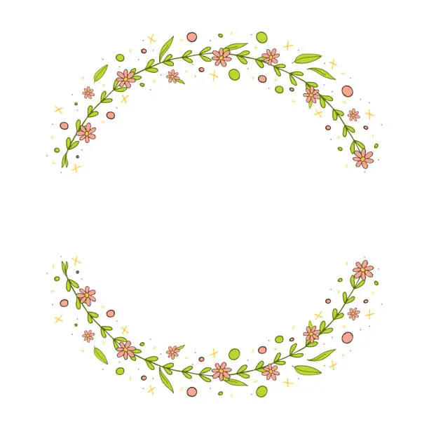 Vector illustration of A frame of pink flowers with greenery. Floral arrangement in the shape of a circle. Vector illustration. On a white background.