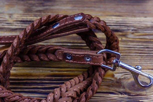 istock Brown leather dog leash on a wooden background 1351802021