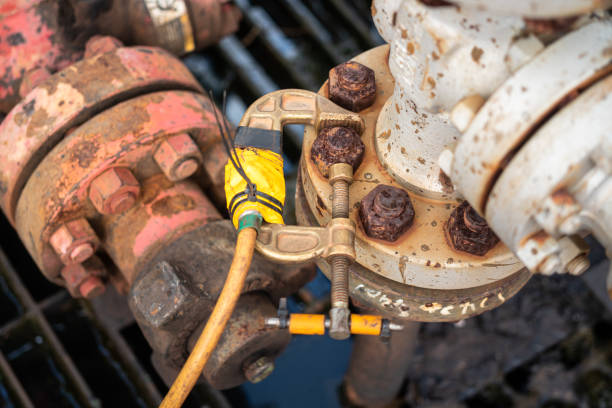 istock Electricity grounding line is clamping with rustic bolt part. 1351804348