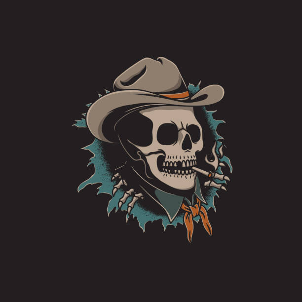 올드 스쿨 문신 스타일로 카우보이 모자를 쓰고 있는 흡연 두개골의 그림 - 텍사스 일러스트 stock illustrations