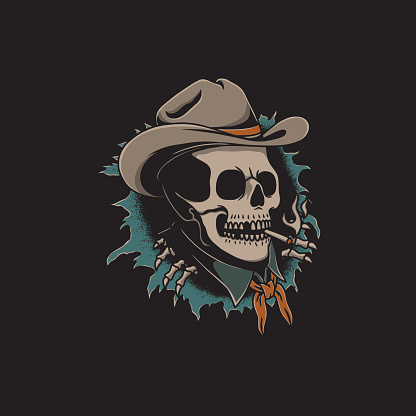 illustration of smoking skull wearing cowboy hat with old school tattoo style