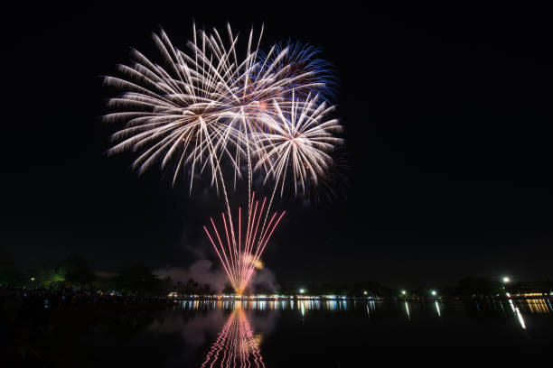istock Amazing Beautiful firework on black background for celebration anniversary Merry Christmas eve and happy new year 1351807198