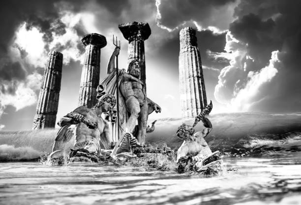 фотомонтаж фонтана греческого бога нептуна, пьяцца дель пополо, рим, италия. - collage monument ancient italy стоковые фото и изображения