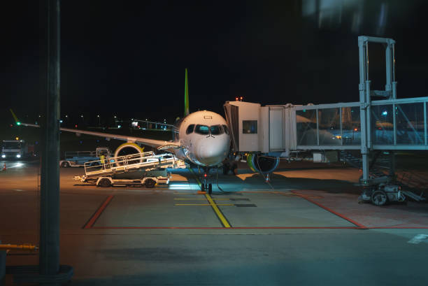 istock Passenger plane docked to terminal gate at night airport. 1351809221