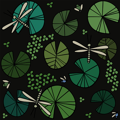 Beautiful dragonfly with lily pad on a swamp for decoration design. Summer background. Abstract geometric shape. Fabric texture green pattern. Wallpaper modern digital graphic background.