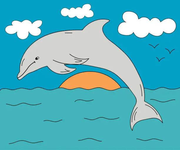 Vector illustration of children's doodle illustration showing a dolphin jumping into the sea