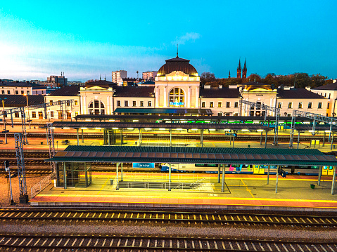 Rail Train Station In Tarnow, Poland. Aerial Drone View at Sunset.