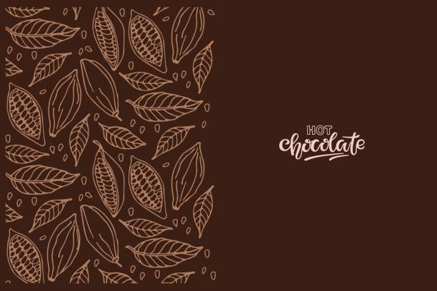 ilustraciones, imágenes clip art, dibujos animados e iconos de stock de letras de caligrafía de chocolate caliente sobre fondo marrón oscuro y borde de boceto de granos de cacao. ilustración vectorial en estilo plano para menú de cafetería, diseño de paquete, diseño de impresión, póster, banner web - chocolate