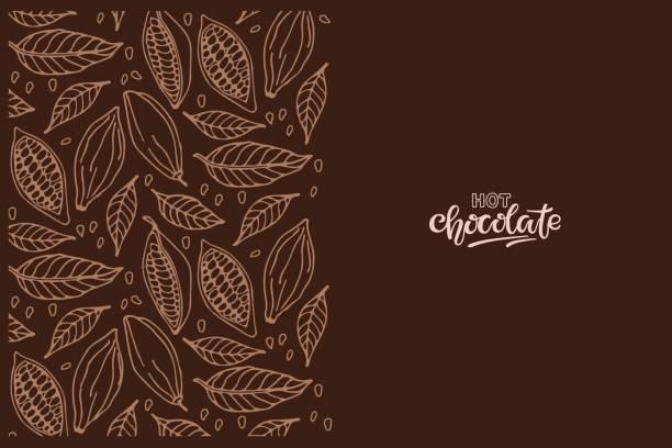 Hot chocolate calligraphy lettering on dark brown background and cocoa beans sketch border. Vector illustration in flat style For cafe menu, pack design, print design, poster, web banner Hot chocolate calligraphy lettering on dark brown background and cocoa beans sketch border. Vector illustration in flat style For cafe menu, pack design, print design, poster, web banner. chocolate stock illustrations