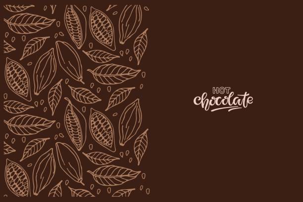 Hot chocolate calligraphy lettering on dark brown background and cocoa beans sketch border. Vector illustration in flat style For cafe menu, pack design, print design, poster, web banner Hot chocolate calligraphy lettering on dark brown background and cocoa beans sketch border. Vector illustration in flat style For cafe menu, pack design, print design, poster, web banner. texture cafe stock illustrations