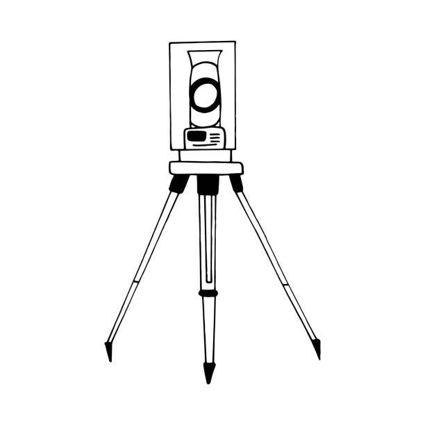 tacheometr, tachimetr teodolit ręcznie rysowany doodle. wektor, minimalizm, skandynawski, monochromatyczny, nordycki, szkicowy. ikona, naklejka. geodezja, kartografia, pomiary, budownictwo, geodezja. - tachymeter stock illustrations