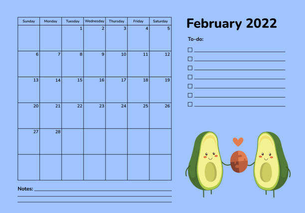 아보카도와 수평 플래너 2022. 2월 달력 페이지. 주최자 스케줄러 시간표 벡터 템플릿입니다. 월별 페이지입니다. 만화 귀여운 가와이 문자. 건강한 음식. 로맨틱 한 디자인을 사랑 - calendar wall valentines day cute stock illustrations