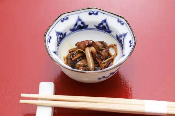 Japanese unagi(eel) dishes; simmered eel livers in sweet soy sauce.