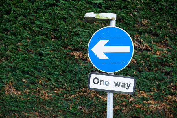 istock One way directional arrow sign against white wall background 1351815796
