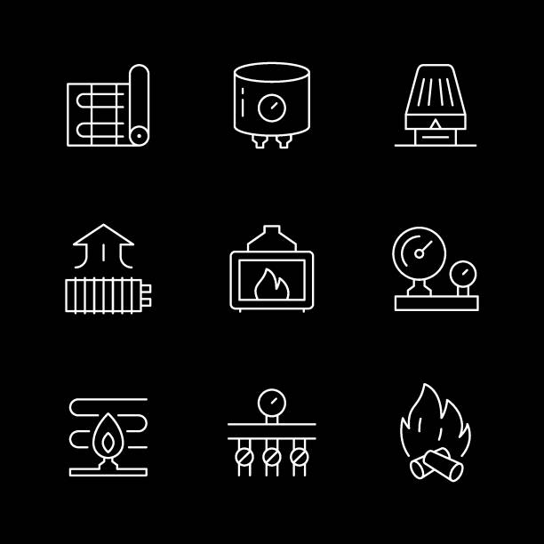 illustrations, cliparts, dessins animés et icônes de définir les icônes de ligne de chauffage - flame natural gas boiler burner