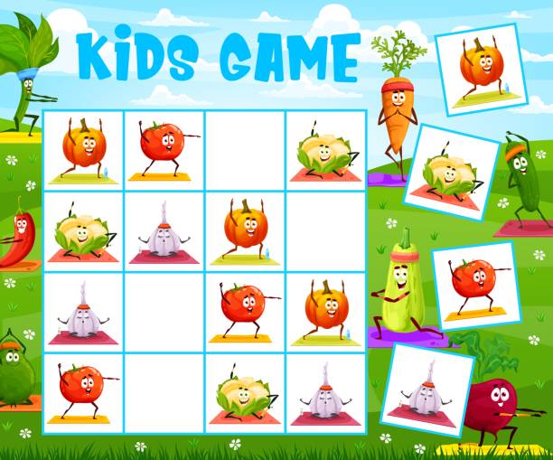 Sudoku kids game cartoon vegetables, yoga pilates Sudoku kids game cartoon vegetables, yoga or pilates fitness, vector worksheet. Sudoku puzzle board game with pumpkin and carrot on yoga mat, garlic in meditation, cucumber and tomato on sport sudoku variants stock illustrations