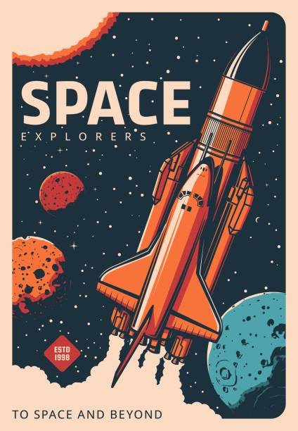ilustraciones, imágenes clip art, dibujos animados e iconos de stock de nave espacial transbordador en póster vectorial retro de galaxias - mars