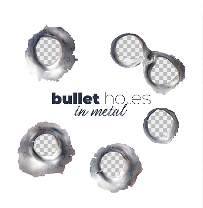 Isolated bullet holes on metal background, criminal gun bullet marks set, shots, round cracks with torn edges. Realistic 3d vector gunshots shoot, pistol or riffle weapon circular breaks, destruction